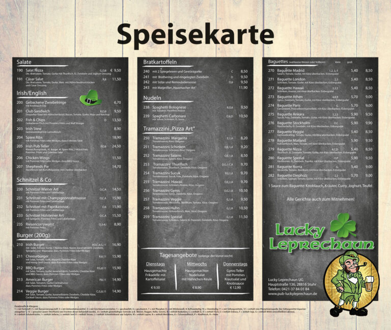 Speisekarte Lucky Leprechaun